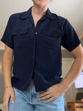 Vintage 100% Silk Navy Blue Short Sleeve Button-Down Shirt